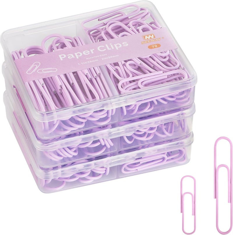 NEEWAY Colorful Paper Clips Assorted Sizes, Small and Large Paperclips, 210 Count, 3 Pack of 70 (Light Purple) - Image 1